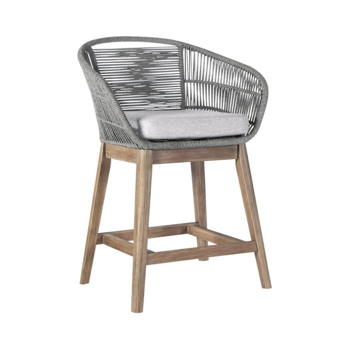 Armen Living Tutti Frutti Interior Exterior Taburete de Bar a Contra Altura en Madera de Eucalipto Claro con Cuerda Gris chinaatoday