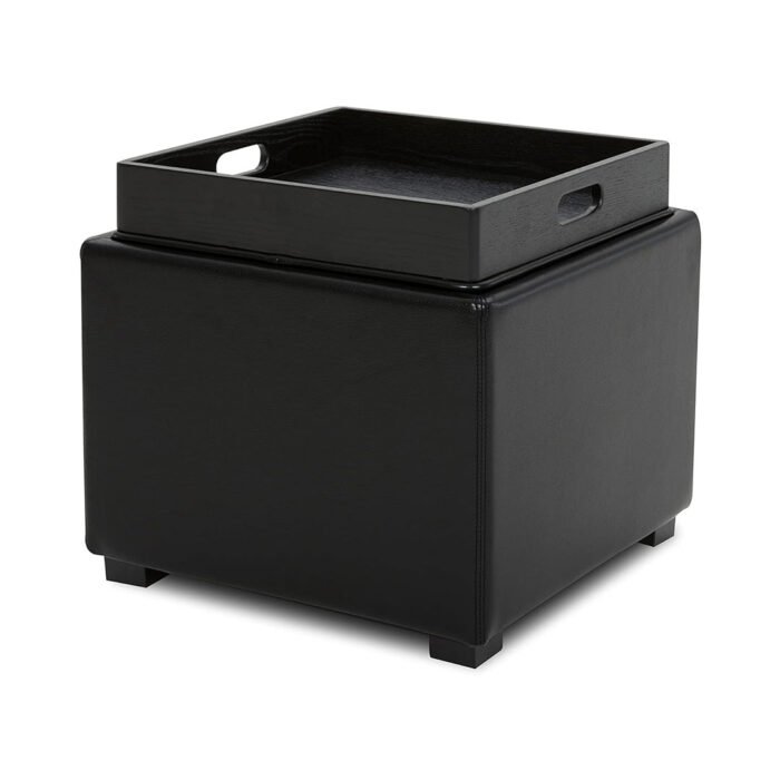 Otomana CHITA con bandeja y reposapiés, ideal como mesa auxiliar, de piel sintética negra. Chinaatoday