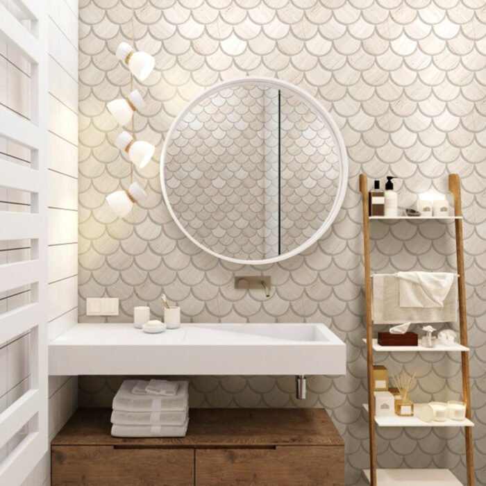 Azulejo de mosaico de mármol pulido festoneado Calacatta Blanco montado en malla - BEJUSTSIMPLE